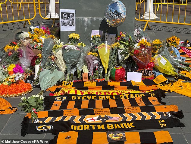 Tributes outside Molineux Stadium, Wolverhampton, in memory of Diogo Jota who died in a car crash in Spain