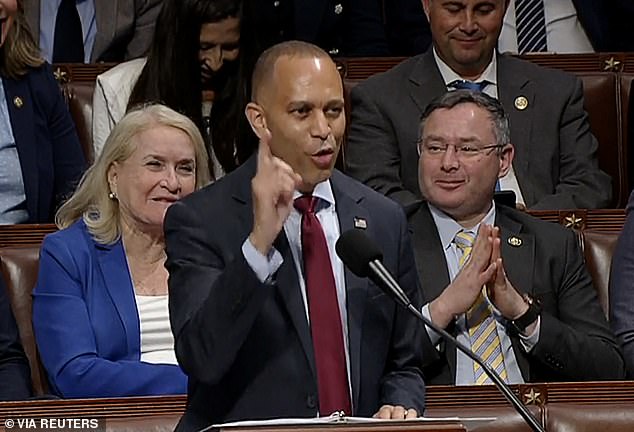 House Minority Leader Hakeem Jeffries, D-N.Y., delivers a record-breaking speech in opposition to President Donald Trump's massive tax-cut and spending bill, ahead of a vote on final passage of the legislation in the House on Thursday