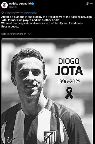 Atletico also posted in a tribute to their former player