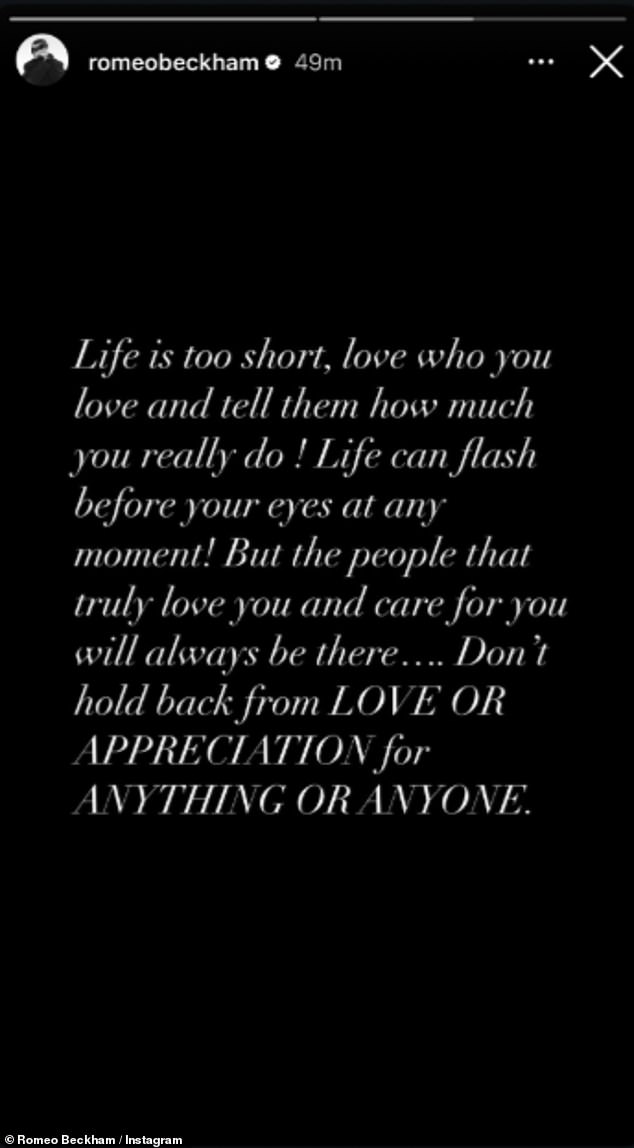 Romeo wrote in his post: 'Life is too short, love who you love and tell them how much you really do! Life can flash before your eyes at any moment!'