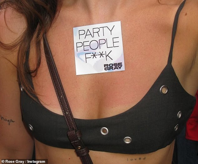 Rose also showed herself behind the DJ booth in a Burberry ensemble while also attaching a self-branded sticker reading 'Party People F**k' on her chest