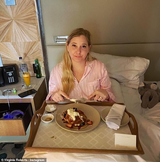 In November 2023, Giuffre was in hospital again for 'spinal surgery,' and took to social media to thank her husband for spoiling her with pancakes (above)