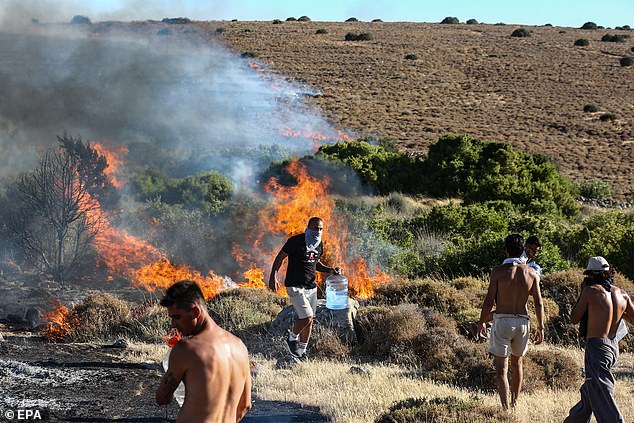 People try to put out a wildfire in the Cesme district of Izmir, Turkey