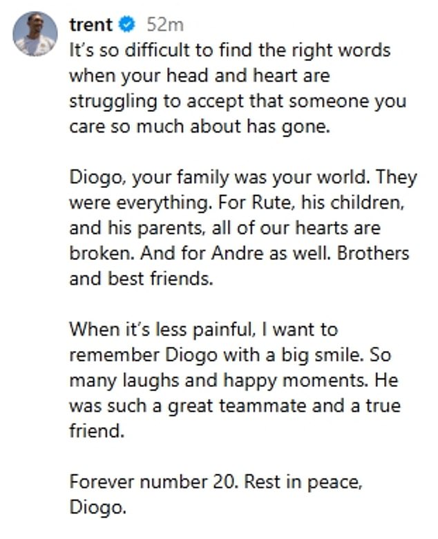 Alexander-Arnold wrote that Jota's family 'were his world' as he spoke of the pain he feels