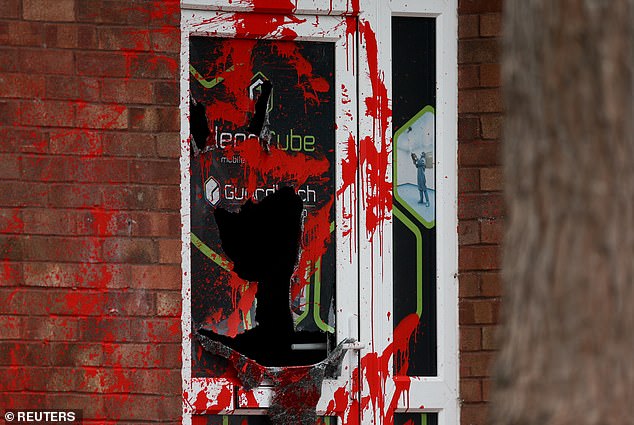 Red paint covers the damaged exterior of Guardtech Group during a protest by "Palestine Action", in Brandon, Suffolk, Britain, July 1, 2025