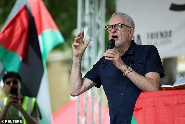 Former Labour leader Jeremy Corbyn speaks as pro-Palestinian demonstrators protest through central London, calling for the UK government to stop allowing arms exports and military co-operation with Israel, in London, Britain, June 21, 2025