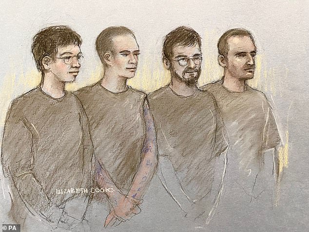 Court artist drawing by Elizabeth Cook of (left to right) Jony Cink, 24, Amy Gardiner-Gibson, 29, Lewie Chiaramello and Daniel Jeronymides-Norie, 35, appearing at Westminster Magistrates' Court, London, where they are charged with conspiracy to enter a prohibited place knowingly for a purpose prejudicial to the safety or interests of the United Kingdom, and conspiracy to commit criminal damage following an incident at RAF Brize Norton