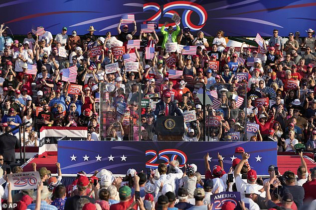 President Donald Trump addresses a crowd at the Iowa State Fairgrounds in Des Moines, Iowa Thursday night to kick off a year's worth of 'America 250' events leading up to next year's Fourth of July