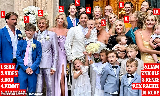 Rod has eight children with five different women (pictured with sons Sean, Aiden, wife Penny and Alastair, Liam, daughter-in-law Nicole, grandson Louie, daughter Renee, ex Rachel Hunter and daughter Ruby)
