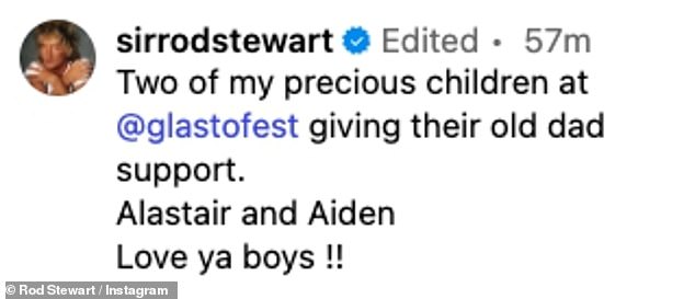 His youngest two sons Alastair and Aiden showed their support for their father last week when they attended Glastonbury Festival to watch his headlining set
