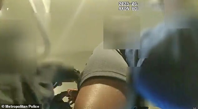 The man is repeatedly told to 'relax' by police as he continues to frantically reiterate 'No fighting' and 'I'm not violent'