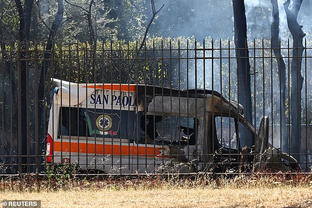 A burnt ambulance is seen after a gas station exploded on the outskirts of Rome, Italy, July 4, 2025