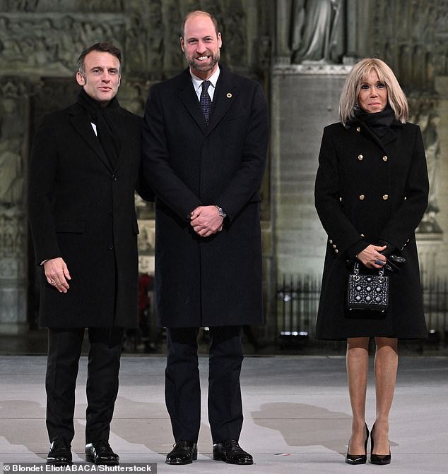 Prince William joins French President Emmanuel Macron and his wife Brigitte Macron at a welcome ceremony for the reopening of Notre-Dame Cathedral in Paris on December 7, 2024