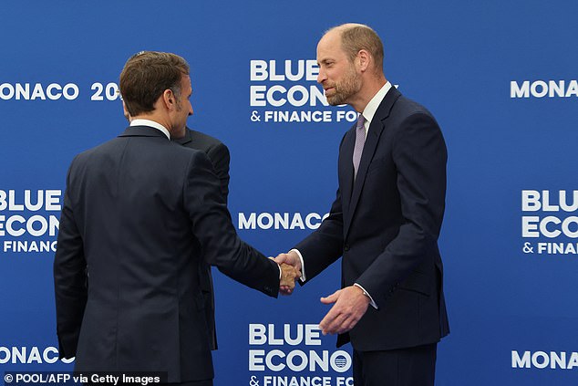 France's President Emmanuel Macron shakes hands with Britain's Prince William as they arrive for the Blue Economy and Finance Forum at the Grimaldi Forum in Monaco on June 8, 2025