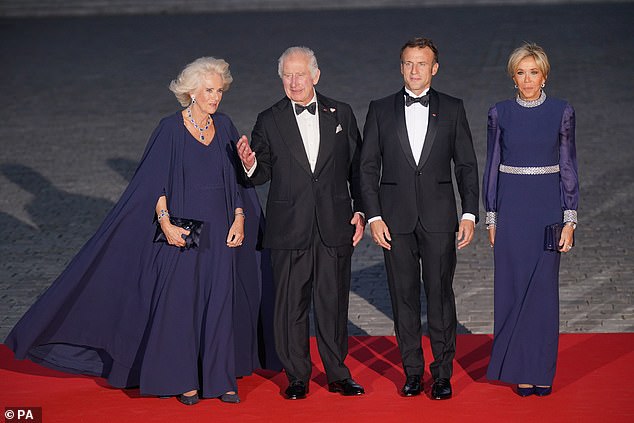 Camilla, Charles, Emmanuel Macron and his wife Brigitte attend the State Banquet at the Palace of Versailles in Paris during Britain's state visit to France in September 2023
