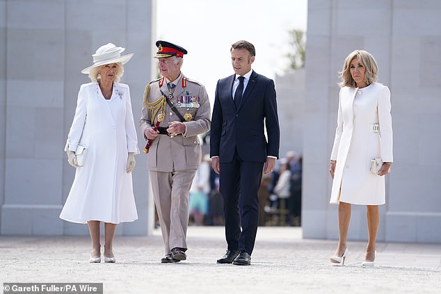 Queen Camilla, King Charles III, Emmanual Macron and his wife Brigitte at the British Normandy Memorial in Ver-sur-Mer, France, to mark the 80th anniversary of D-Day on June 6, 2024
