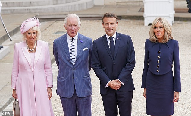 King Charles III and Queen Camilla with French President Emmanuel Macron and his wife Brigitte at the Elysee Palace in Paris during Britain's state visit to France in September 2023