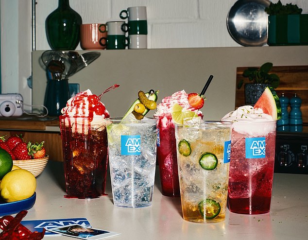 The AmEx menu includes (pictured): Jalapeño Spice ¿ a zesty twist of lime soda, sweet agave and jalapeño syrup, topped with a fresh jalapeño slice Strawberries & Cream ¿ a fresh and tangy lemon soda layered with strawberry syrup and topped with velvety glitter infused vanilla cream Pickle-tini ¿ a bold mix of lemonade, soda, sliced pickle, and a splash of olive brine Melon Smash ¿ refreshing melon soda meets watermelon syrup, with a swirl of lime cream or vegan foam and a lime garnish, topped with pink edible glitter Cheeky Cherry ¿ cherry cola infused with cherry syrup and vanilla cream or vegan foam, topped with a fresh cherry