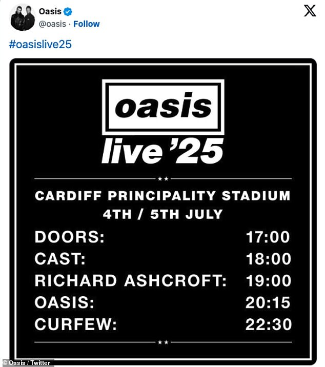 The band confirmed they would be hitting the stage at 8.15pm after warm up act Richard Ashcroft begins his set at 7:00pm