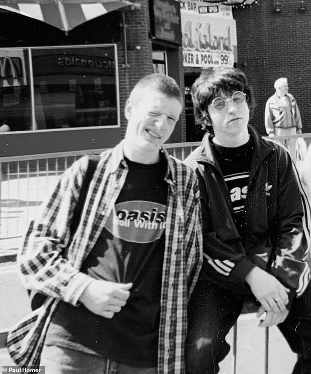 Paul Homer, now 45, has reminisced over seeing Oasis in Blackpool on the day (What's the Story) Morning Glory. Pictured with his pal in 1996 as they waited for the coach to take them to Manchester