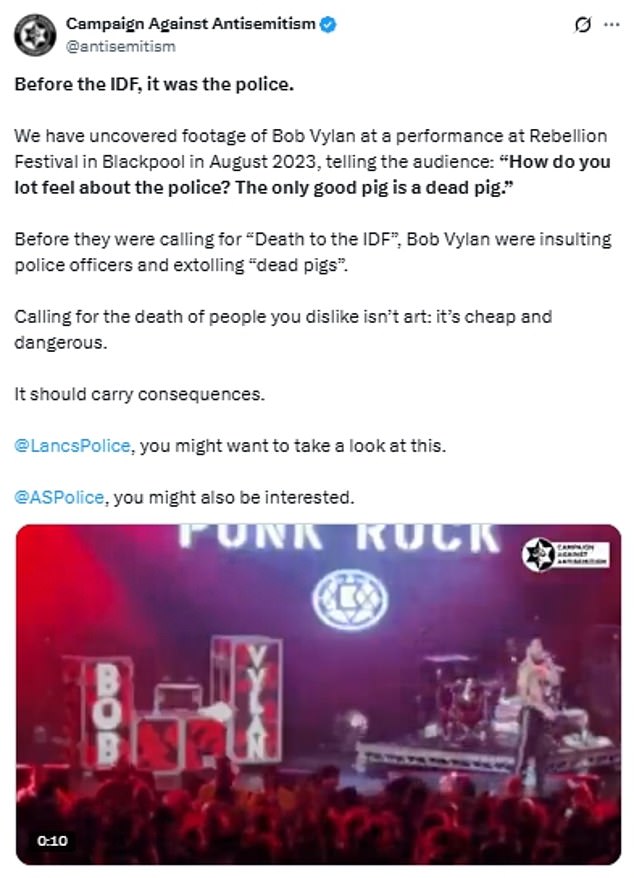 The charity Campaign Against Antisemitism has shared footage of a performance by Bob Vylan in Blackpool in August 2023