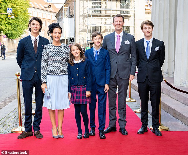 The children of Prince Joachim (second right) and his wife Princess Marie (second left), as well as his two children from his first marriage, lost their titles in 2023. (The children are pictured from left: Count Nikolai, 25, Countess Athena, 13, Count Henrik, 16, and Count Felix, 22)