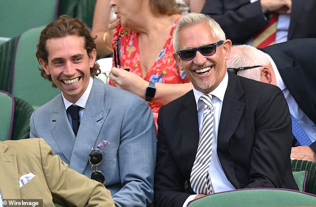 Gary Lineker, 64, and his lookalike son Angus, 27, beamed as they watched the on-court action at SW19
