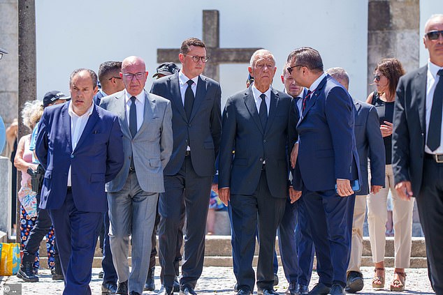 The President of Portugal, Marcelo de Sousa, centre right, visiting the Chapel of Rest next to the Sao Cosme Chapel today