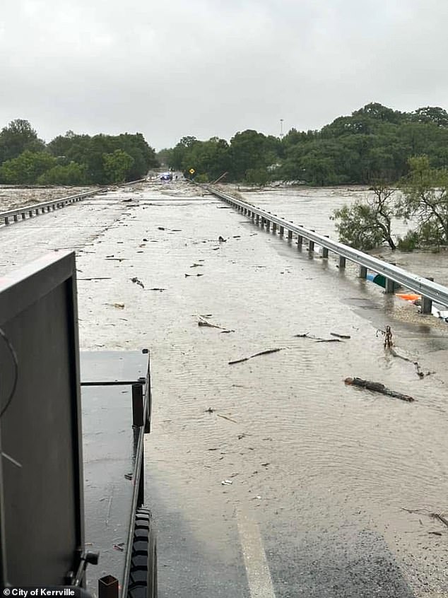 Kerr County's top lawmaker, Judge Rob Kelly, revealed one of the six people so-far confirmed dead in the Guadalupe River floods was nude (pictured: flood damage in Kerrville)