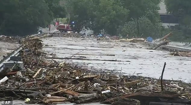 Other summer camps have not been so fortunate. The nearby Camp Mystic, a summer program for girls, confirmed that at least some of its campers were unaccounted for on Friday afternoon (pictured: flood damage in Kerr County)