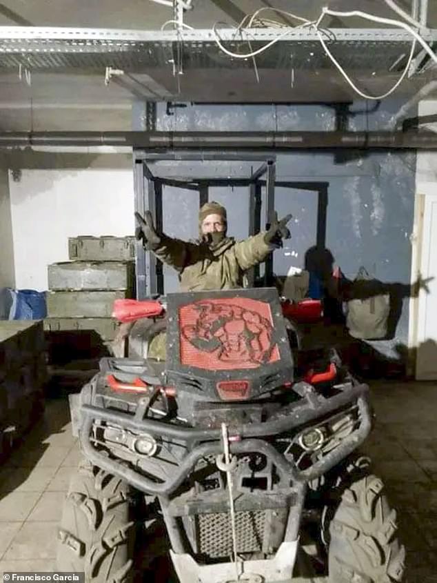 After being loaded into a truck and taken to the frontline, Francisco said he quickly realised 'that I would either return to Cuba in a casket or as a hero, and the choice was mine'. Pictured: Francisco sitting on a military vehicle