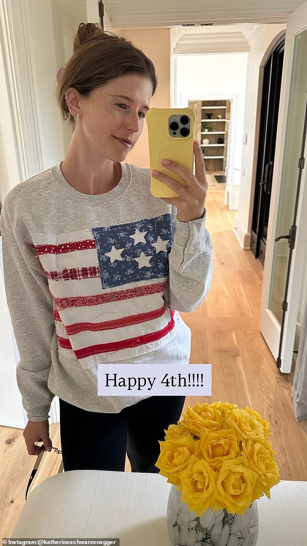 Katherine Schwarzennegger styled herself in an all-American sweatshirt