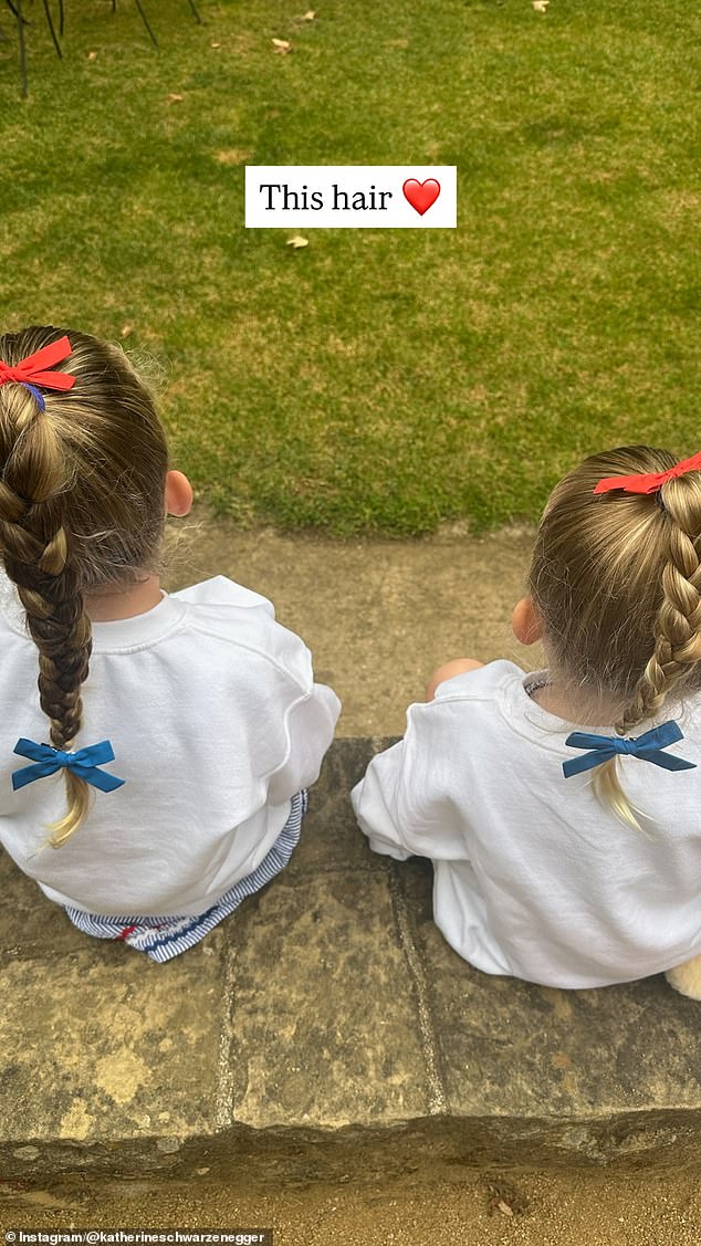 Katherine fawned over her daughters Eloise and Lyla's perfectly styled braids with patriotic blue and red bows