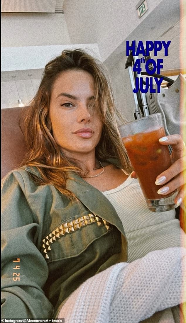 Model Alessandra Ambrosio celebrated Independence Day with a cool beverage