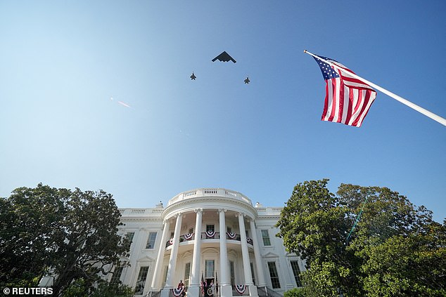 President Donald Trump and first lady Melania Trump watch a flyover of B-2 Spirit and two F-35 aircraft from the Truman Balcony marking the Fourth of July and the recent us of the B-2s to bomb Iran's nuclear facilities