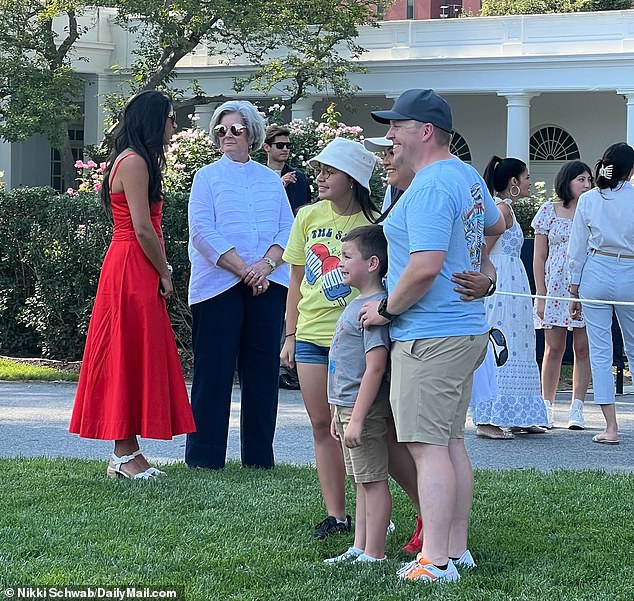 Katie Miller (left), the wife of Stephen Miller who has been working for Elon Musk was spotted deep in conversation with White House Chief of Staff Susie Wiles (second from left) ahead of the Fourth of July bill signing and celebration on the South Lawn