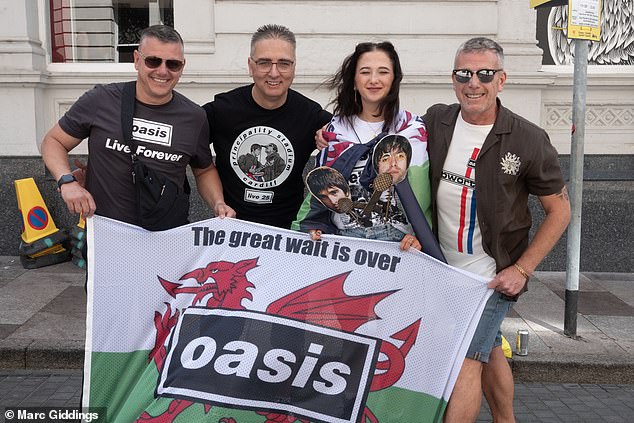 The atmosphere in Cardiff was 'electric' as thousands of fans descend upon the Welsh capital for the first of Oasis' reunion gigs [Pictured: Richard Ellis, Scott Griffin, Chloe Griffin and David Griffin]