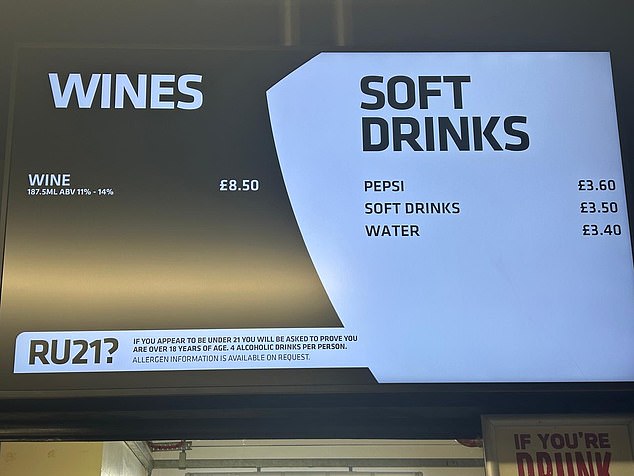 A187.5ml wine was £8.50, while non-alcoholic options also proved pricey with a bottle of water costing £3.40 and soft drinks at 10 or 20 pence more