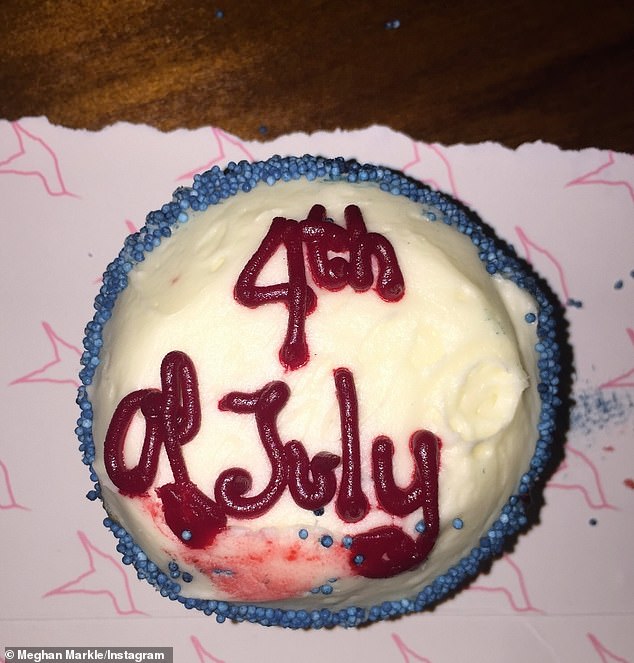 The mom-of-two, in reference to their kids Archie Harrison and Lilibet Diana, wrote in the caption: 'Our second date was the 4th of July 2016 and H brought me cupcakes to celebrate. Now, all these years later, our two children are in on the tradition'