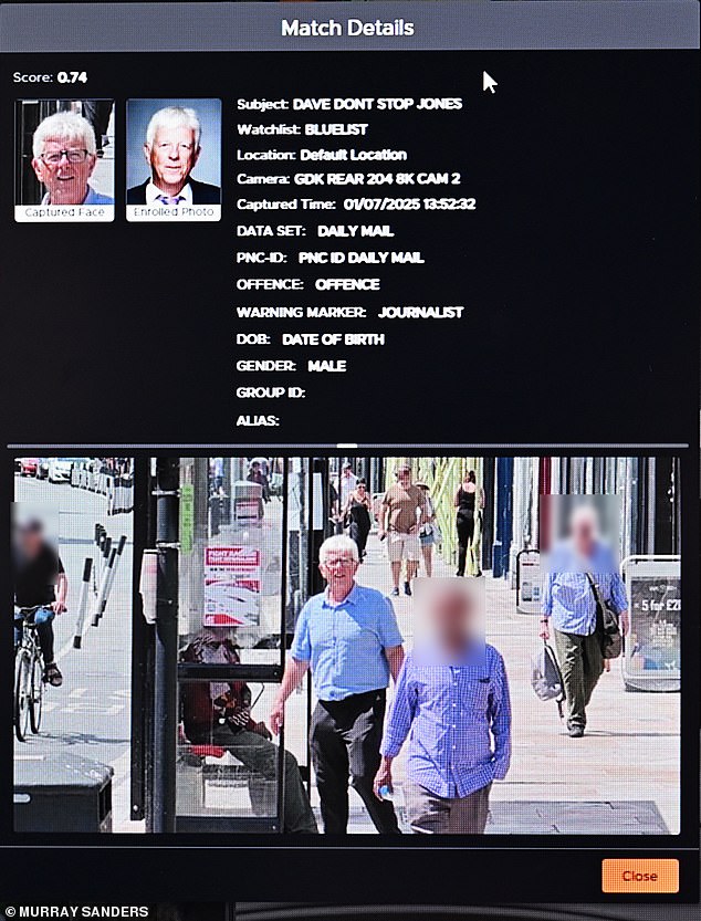 The biometric software measures 28 facial features which it converts this into digital data and anyone whose features match those of someone on the watchlist, a phone alert sounds (David pictured)