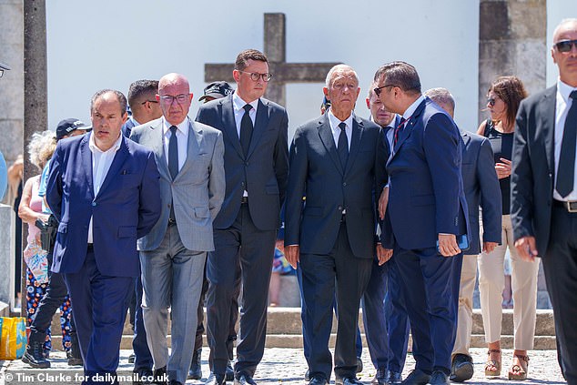 The President of Portugal, Marcelo de Sousa, centre right, visiting the Chapel of Rest next to the Sao Cosme Chapel today