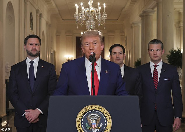 President Donald Trump (center left) flanked by (from left) Vice President J.D. Vance, Secretary of State Marco Rubio and Defense Secretary Pete Hegseth announced on Saturday, June 21 that the U.S. had bombed three Iranian nuclear sites