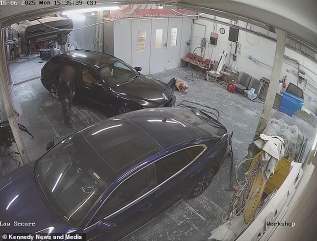 The wince-inducing video then shows him collapse in the centre of the shop floor, unable to get back up