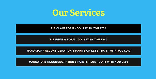 A list of services offered on Ms Anderson's website, which includes help with PIP claim and review forms
