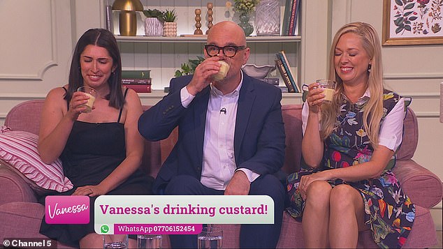 Vanessa then urged her contributors on the adjacent pink sofa to reach for their glasses of custard as she clenched her glass
