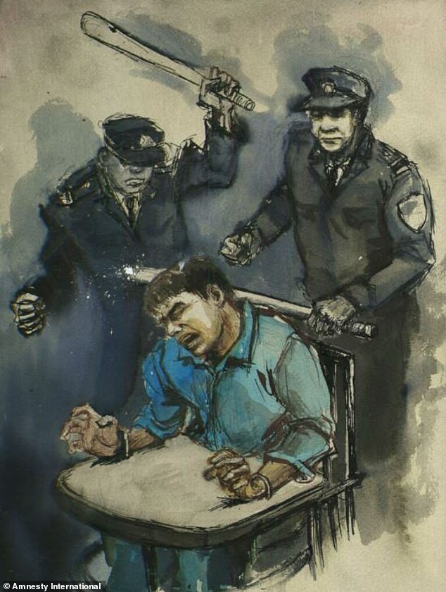 Illustration shows an inmate being interrogated by prison guards at a detention camp