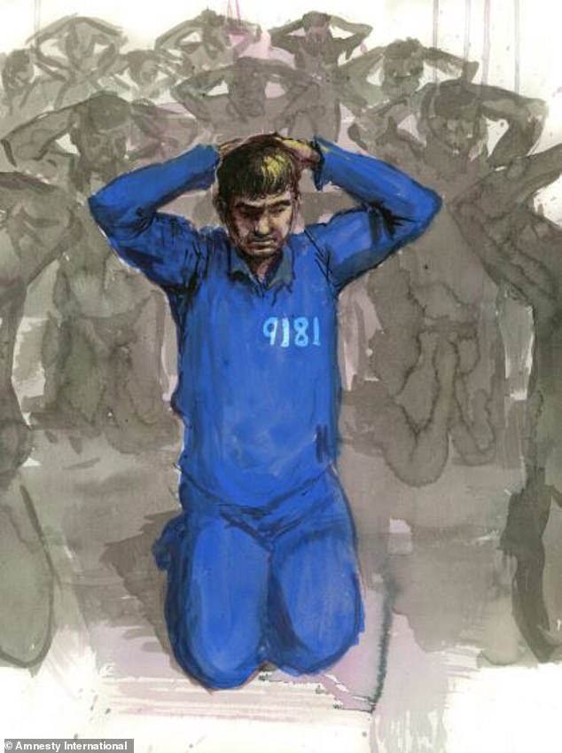 Illustration shows a detainee in a blue uniform kneeling down with his hands above his head