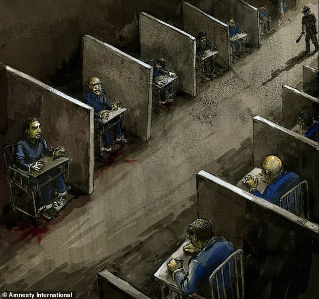 Illustration shows detainees strapped into tiger chairs as they await their confession sessions