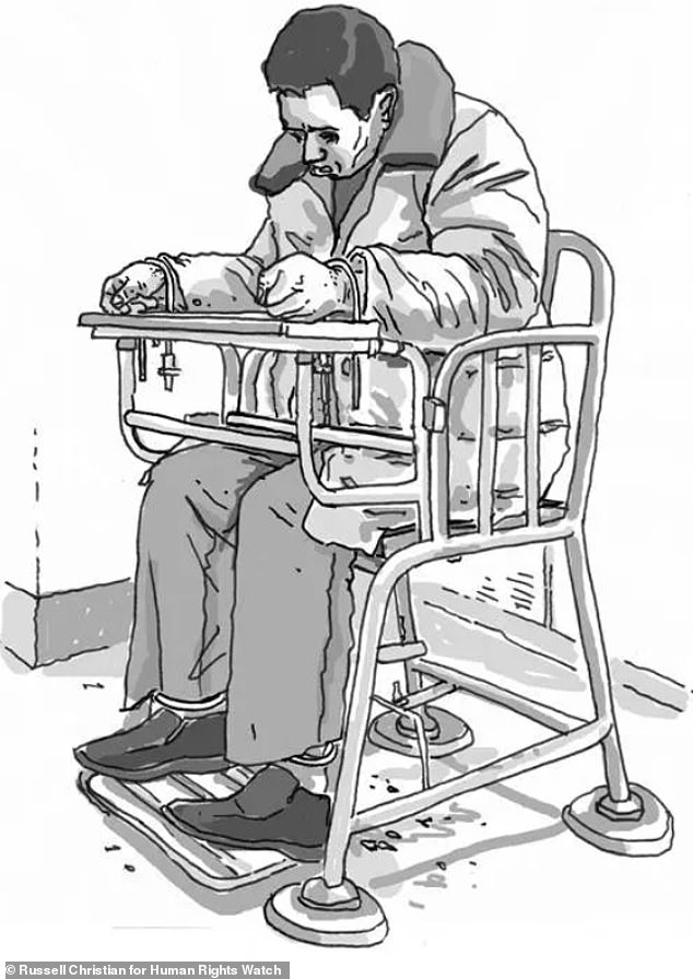 Illustration of a suspect restrained in what the police call an 'interrogation chair,' but commonly known as a 'tiger chair'