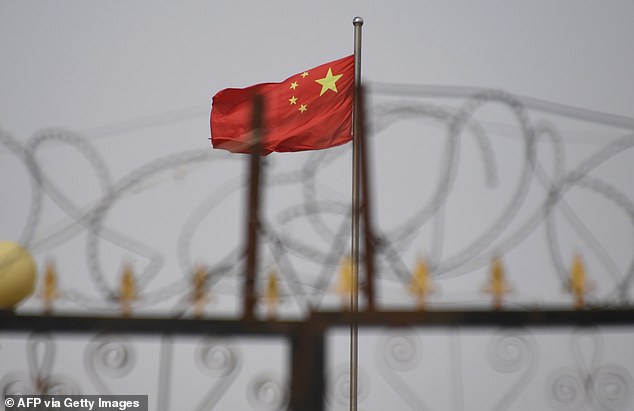 China has frequently denied allegations of torture levelled at it by the United Nations and rights bodies. Picture shows the Chinese flag behind razor wire at a housing compound in Xingjiang
